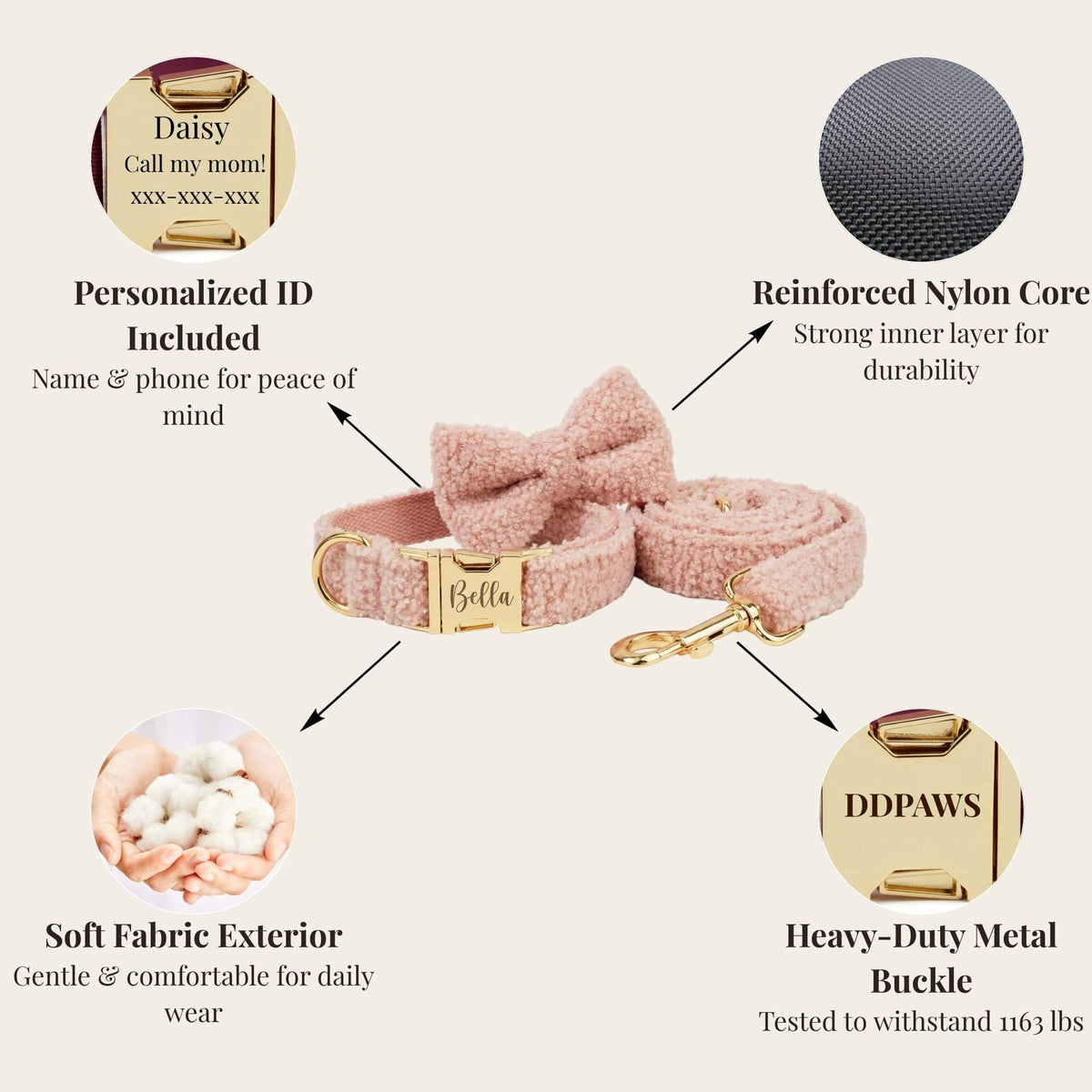 Blush pink teddy collar and leash with personalized ID plaque and gold buckle