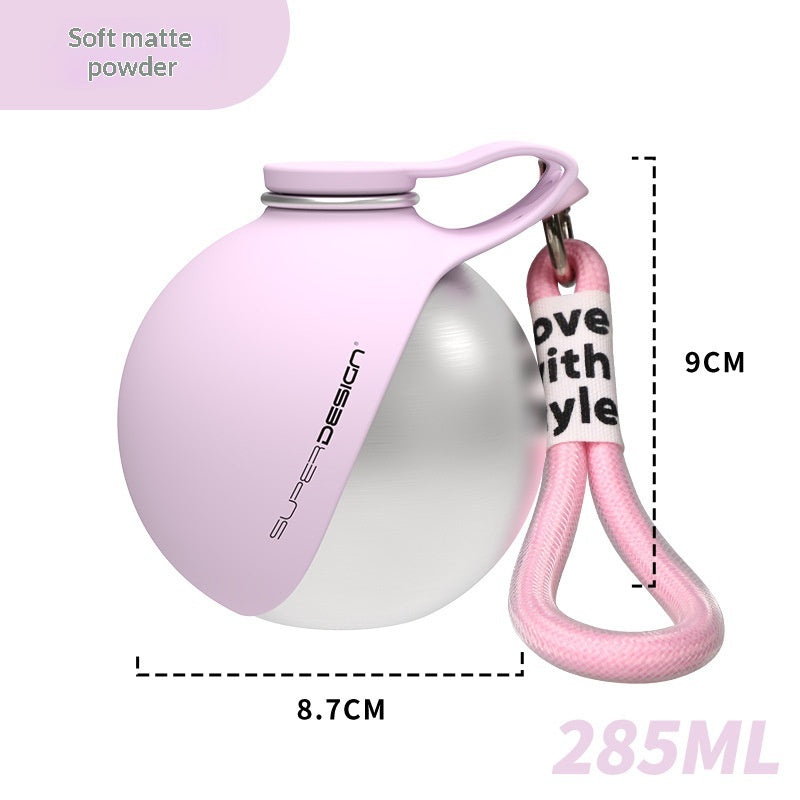Portable stainless steel pet water cup, pink with floral graphic and 285ml capacity