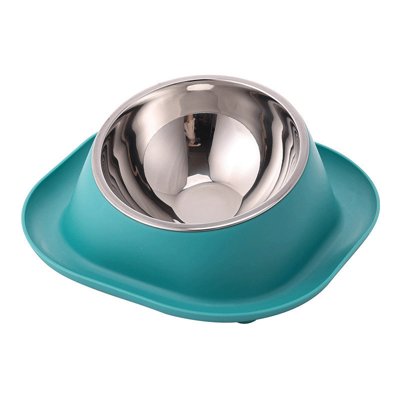Teal tilted cat food bowl with stainless steel inner dish