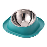 Teal tilted cat food bowl with stainless steel inner dish