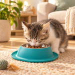 Teal tilted cat food bowl with stainless steel inner, cat eating kibble