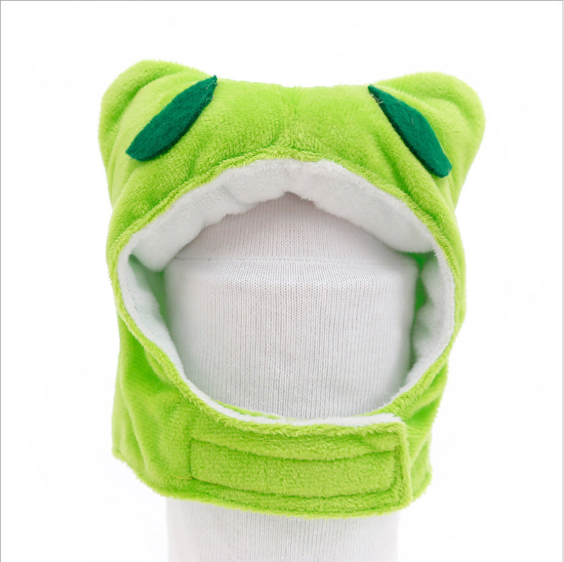 Green frog plush pet hat with ear-like points and open front hood