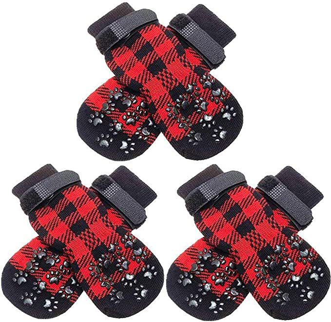 Set of red and black plaid dog socks with paw-print anti-skid grip soles