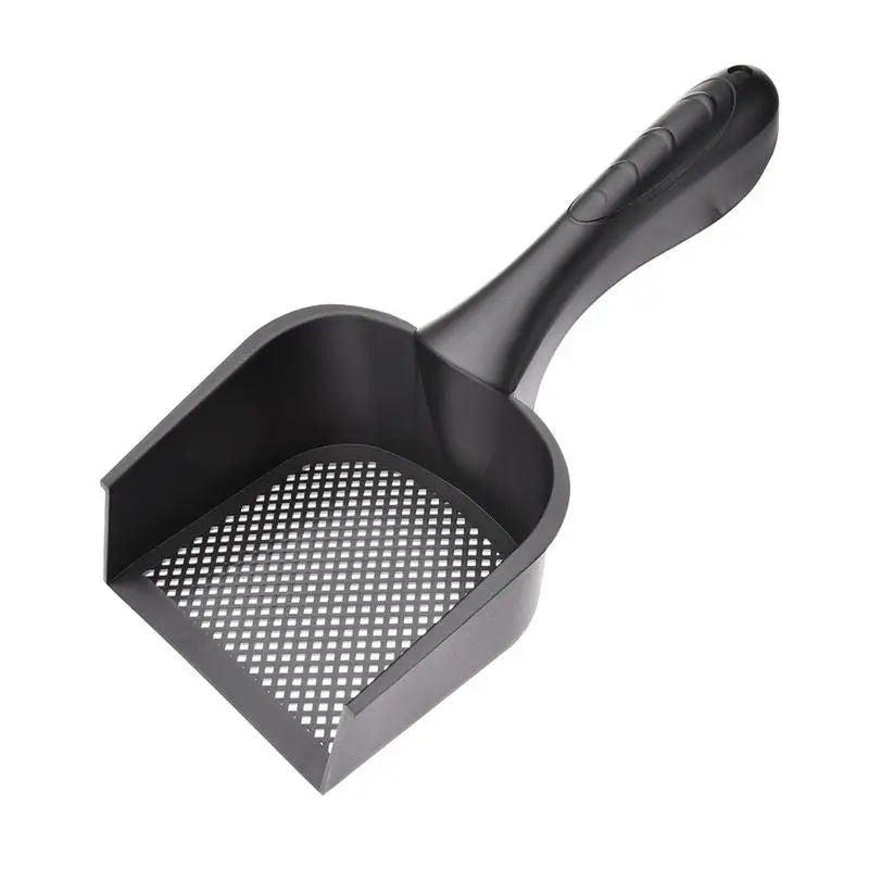 Black plastic cat litter scoop with perforated mesh base and long handle