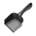 Black plastic cat litter scoop with perforated mesh base and long handle