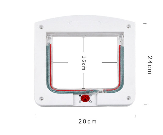 White pet door size diagram: 20 cm wide, 24 cm tall, 15 cm opening height