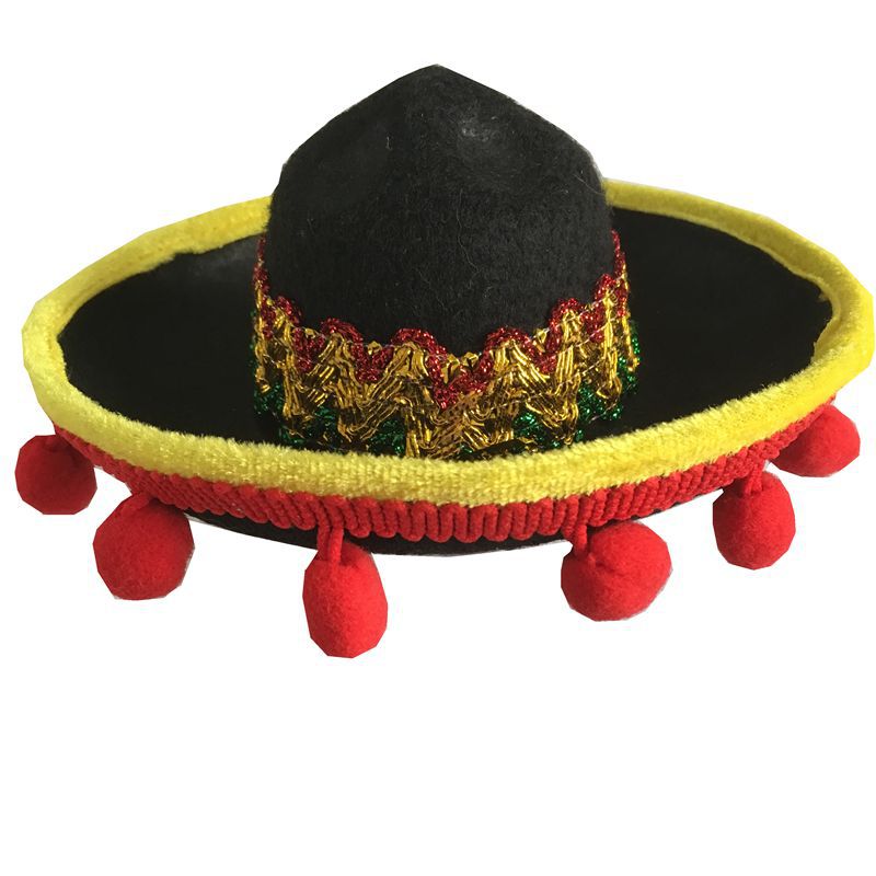Hot dog costume hat with yellow rim, black center, red pom-poms, embroidered gold trim