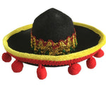 Hot dog costume hat with yellow rim, black center, red pom-poms, embroidered gold trim
