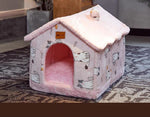 Pink interior plush pet house bed with animal-print sides and padded roof cover