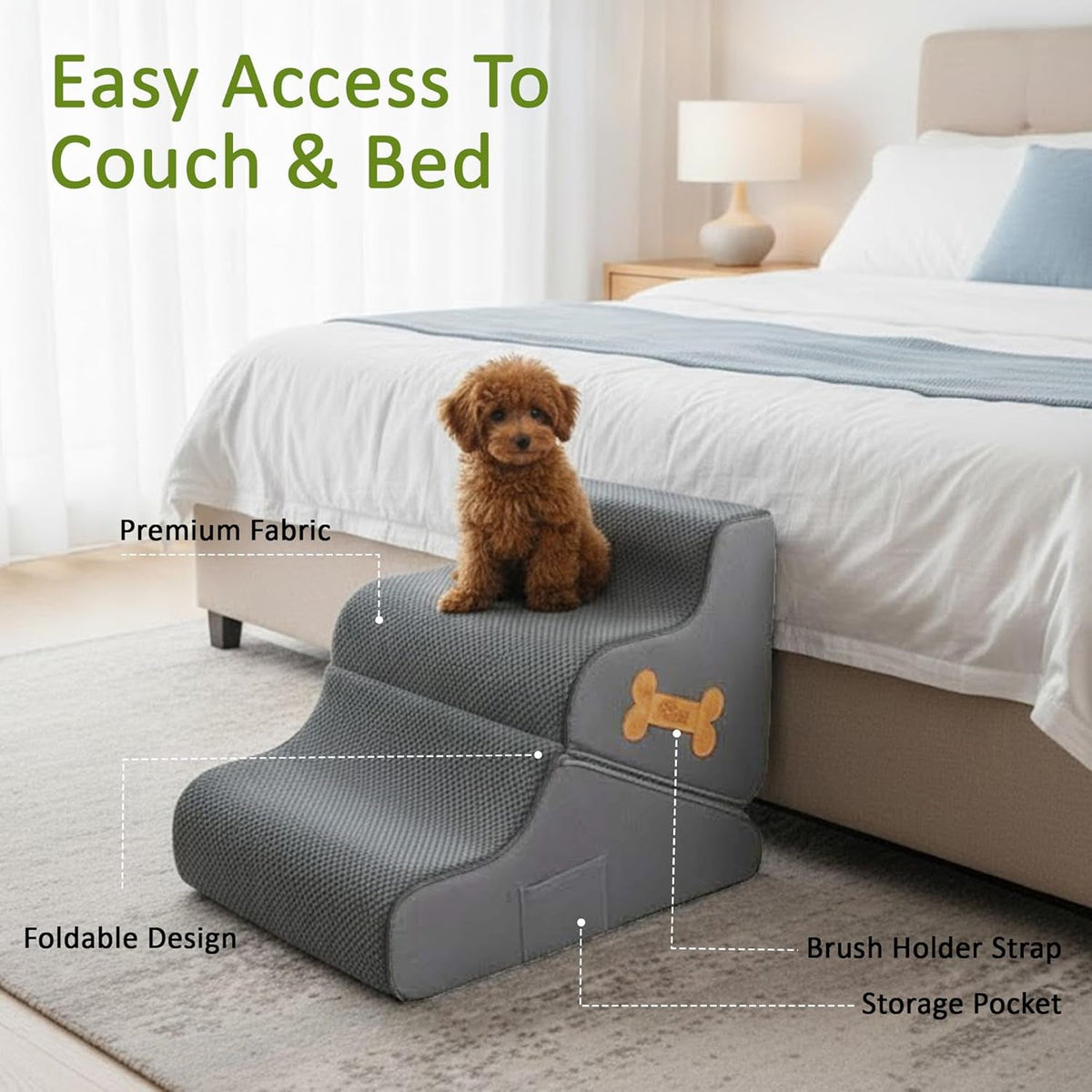 Dark gray foldable dog stairs with brush strap and storage pocket