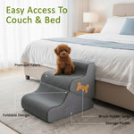 Dark gray foldable dog stairs with brush strap and storage pocket