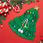 Green pet Christmas tree costume dress with gold star, multicolor pom-poms, and white ties