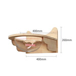 Wooden wall-mounted cat perch with curved front edge and open resting area