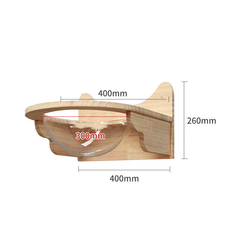 Wooden wall-mounted cat perch with curved front edge and open resting area
