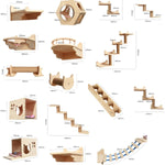 Wall-mounted cat climbing frame parts set showing platforms, posts, and ramp