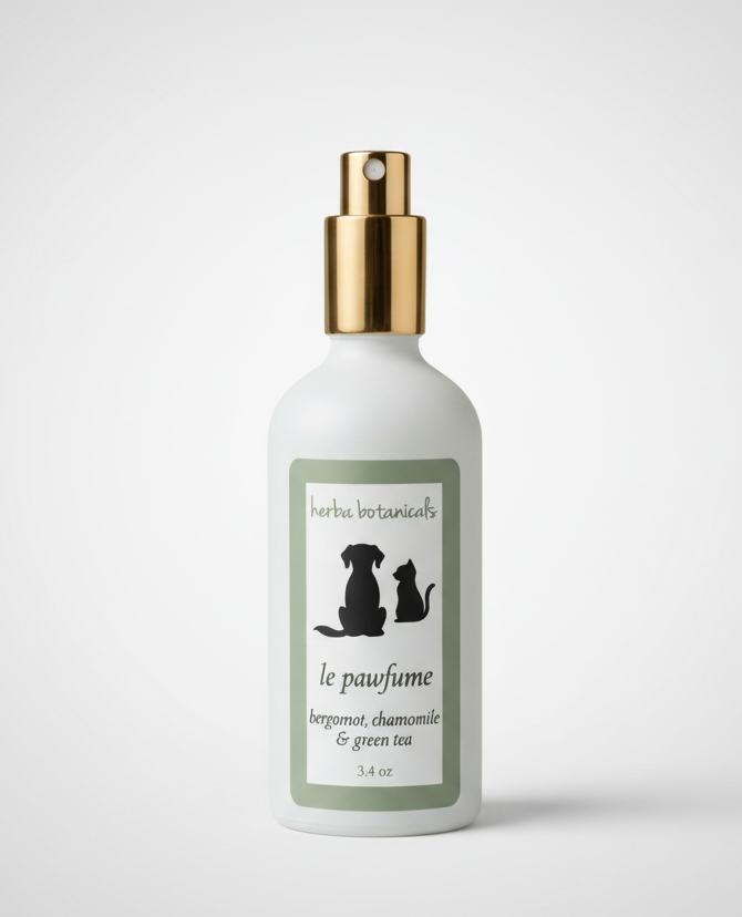 White pet spray bottle with gold pump and green label featuring cat and dog icons
