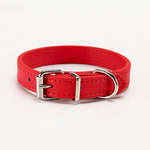 Red PU leather dog collar with metal D-ring and buckle, stitched strap