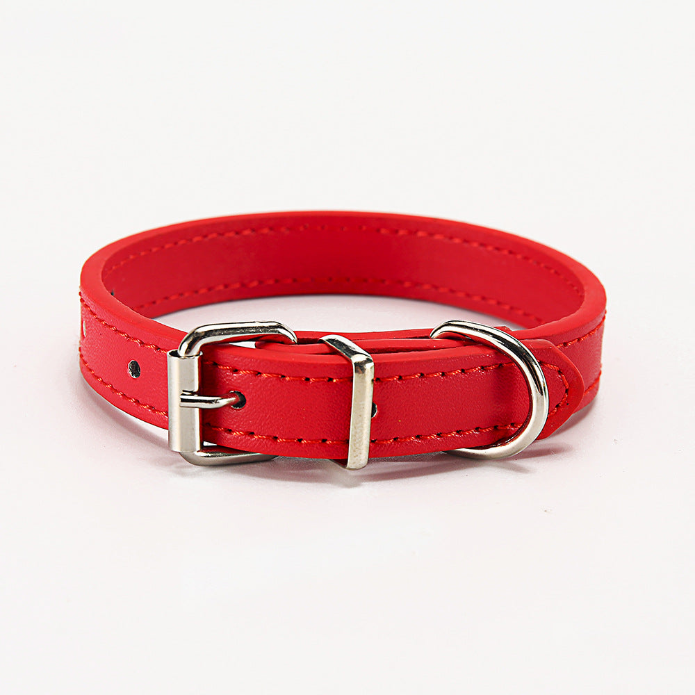 Red PU leather dog collar with metal D-ring and buckle, stitched strap