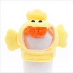 Yellow duck plush pet hat with orange beak and side flaps