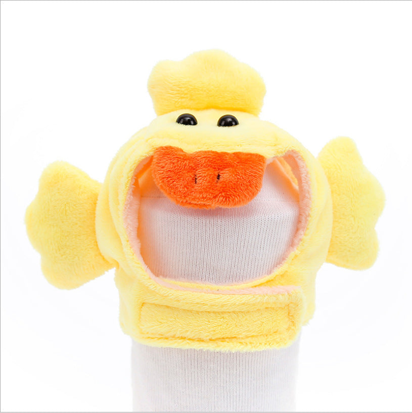 Yellow duck plush pet hat with orange beak and side flaps