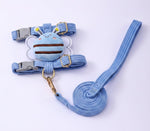 Blue plush traction rope dog harness with animal patch and braided leash strap