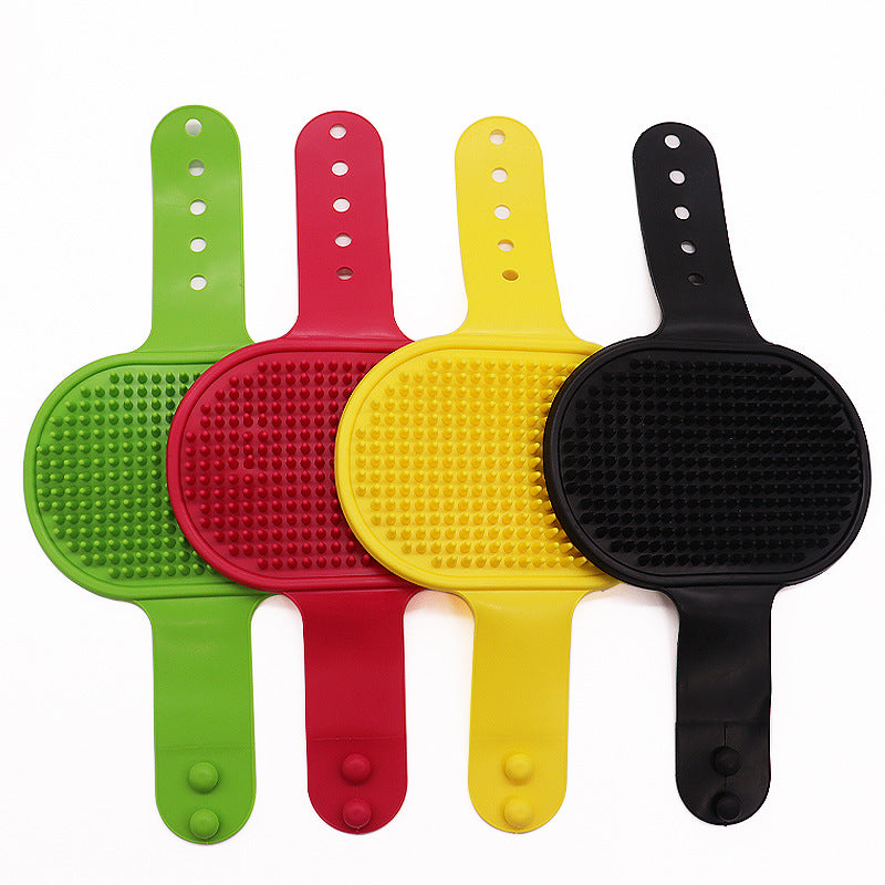 Set of colorful silicone pet grooming brushes with finger massage bristles