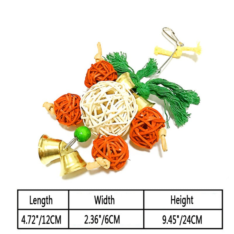 Parrot nibble toy: hanging rope ball with orange and green strands and gold bells
