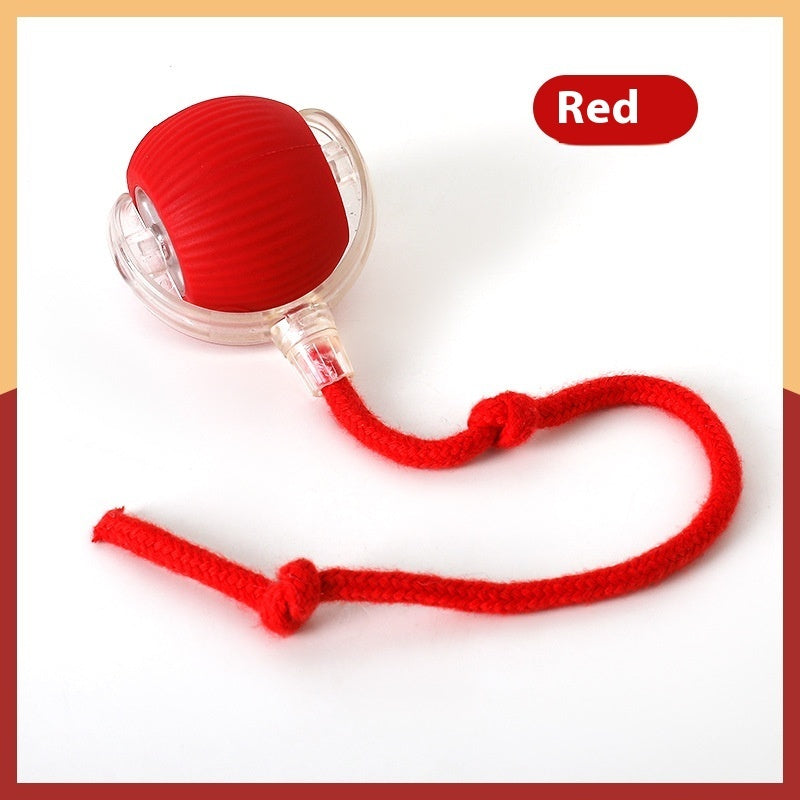 Red interactive cat toy ball with clear nozzle and red rope cord attachment
