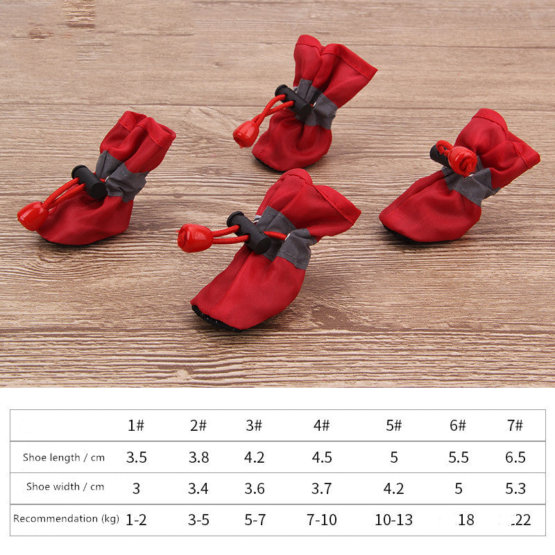 Red dog soft-soled pet shoes with paw-pull cords and gray strap accents, set of 5.