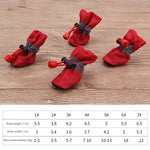 Red dog soft-soled pet shoes with paw-pull cords and gray strap accents, set of 5.