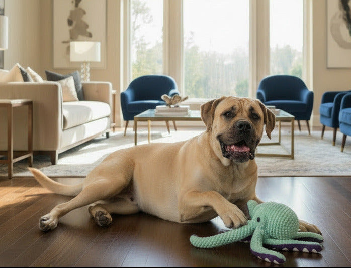 Six-claw fish plush dog toy, mint-green with purple tentacles; dog holds it