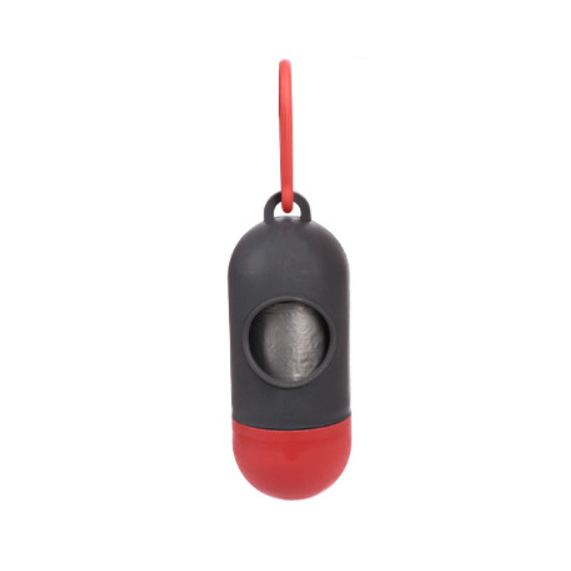 Dog poop bag dispenser, black and red clip-on holder with open bag slot
