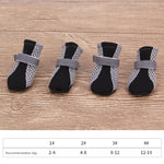 Gray patterned dog pet shoes with black toe caps and light gray hook straps
