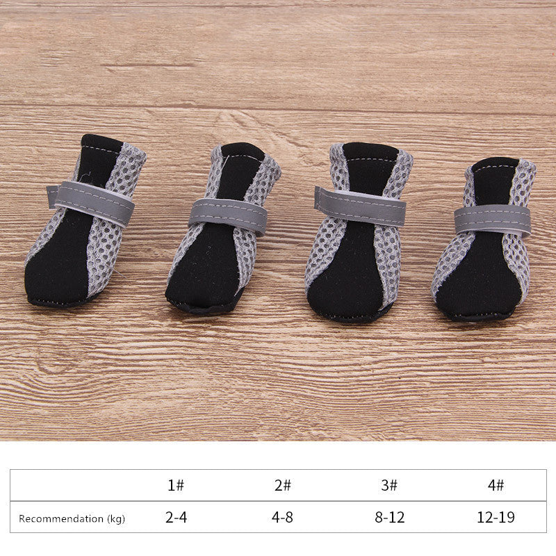 Gray patterned dog pet shoes with black toe caps and light gray hook straps