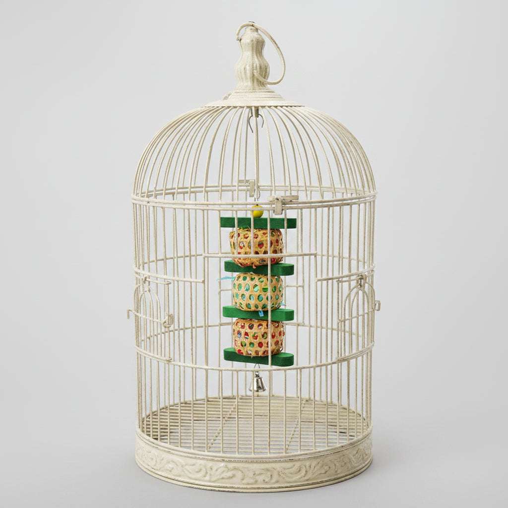 Hanging bird gnaw toy with multicolor woven paper cubes and green wooden rings