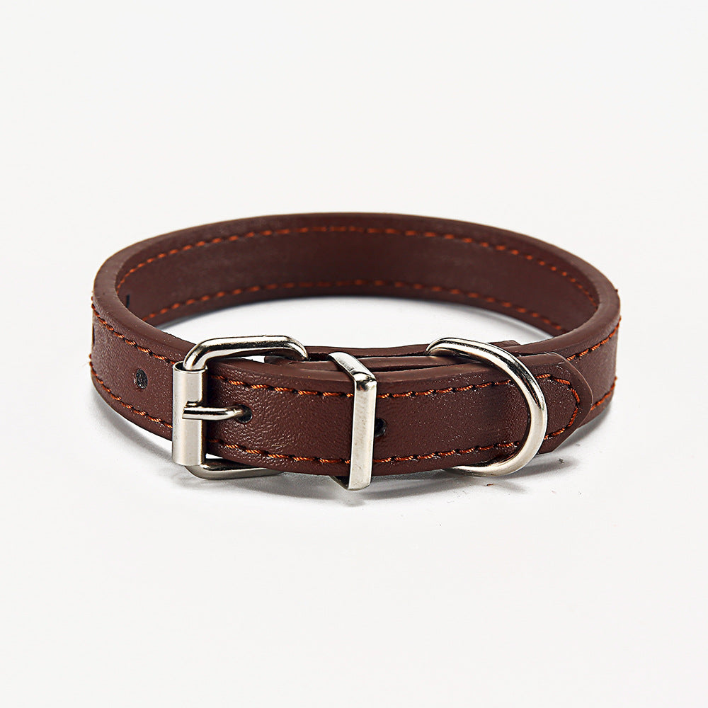 Coffee brown PU leather dog collar with metal D-ring and buckle, stitched strap