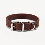 Coffee brown PU leather dog collar with metal D-ring and buckle, stitched strap
