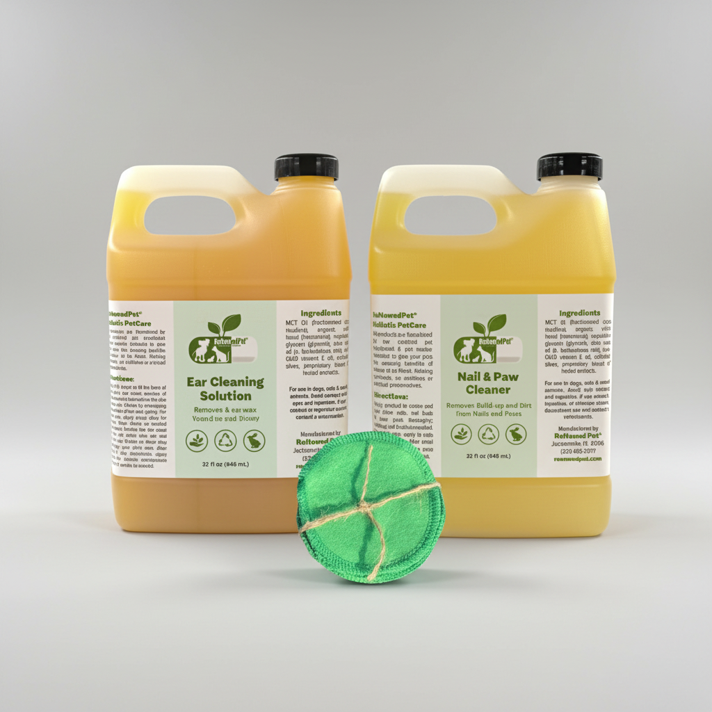 Pet grooming cleaner jugs with green cotton pads, two bottles with folded reusable pad