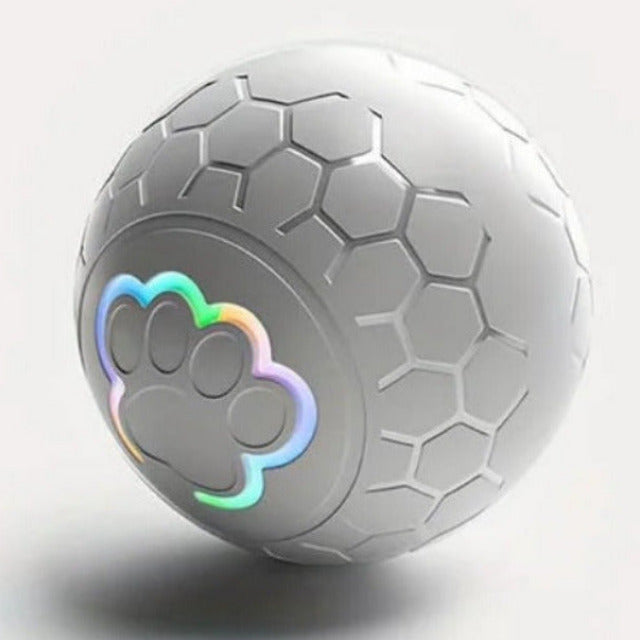 Smart bouncing ball, grey shell with glowing paw icon and multicolor trim