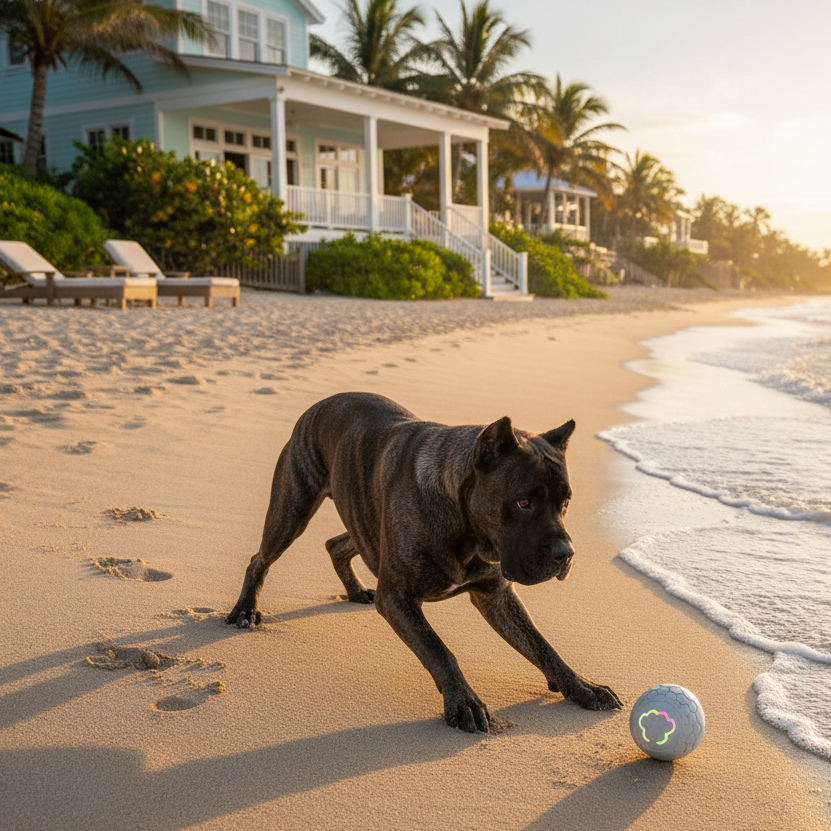 Smart bouncing ball with grey shell and glowing paw icon near a walking dog