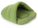 Green pet cave sleeping bag with rounded hood and logo patch