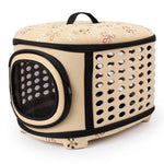 Foldable pet carrier handbag in beige with perforated side panels and mesh window