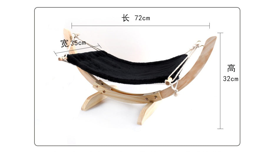 Cat hammock wooden bed with black fabric sling and rope supports