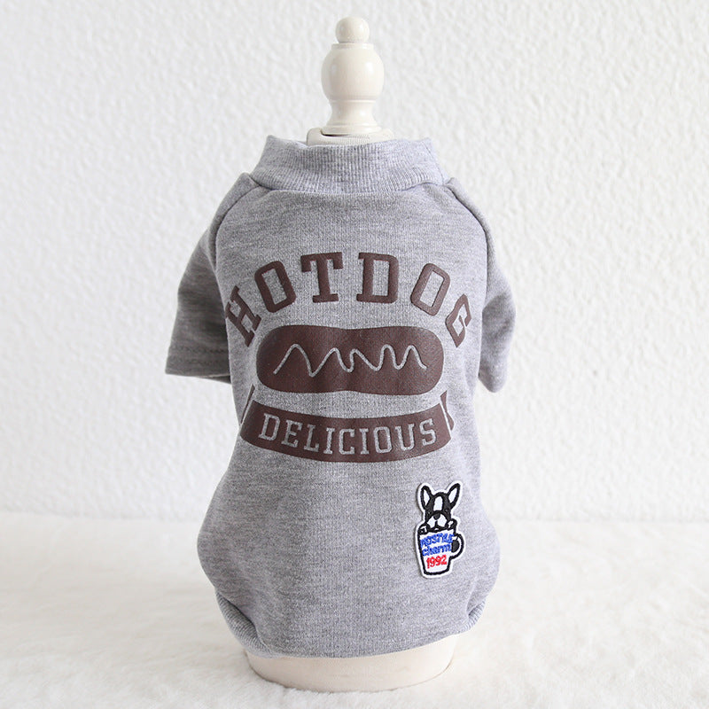 Grey dog hoodie with Hotdog Delicious large front graphic and small chest patch