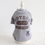 Grey dog hoodie with Hotdog Delicious large front graphic and small chest patch
