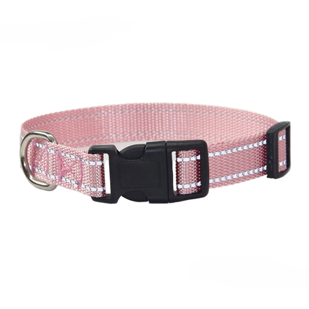 Pink woven dog collar with black buckle and metal D-ring