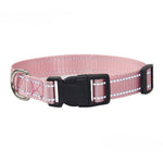 Pink woven dog collar with black buckle and metal D-ring