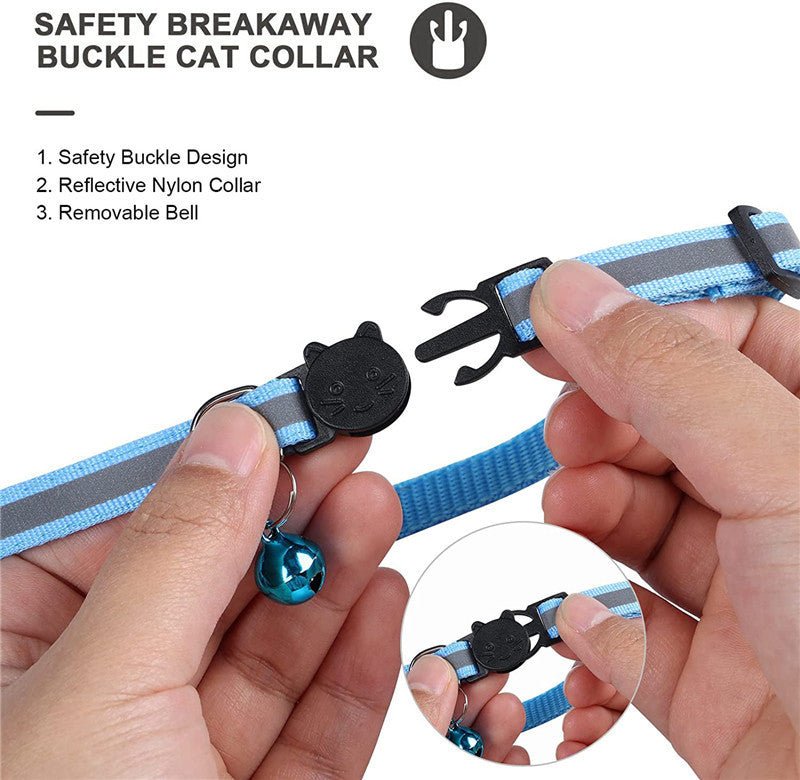 Reflective nylon cat collar with breakaway buckle and removable bell; blue Airtag holder case