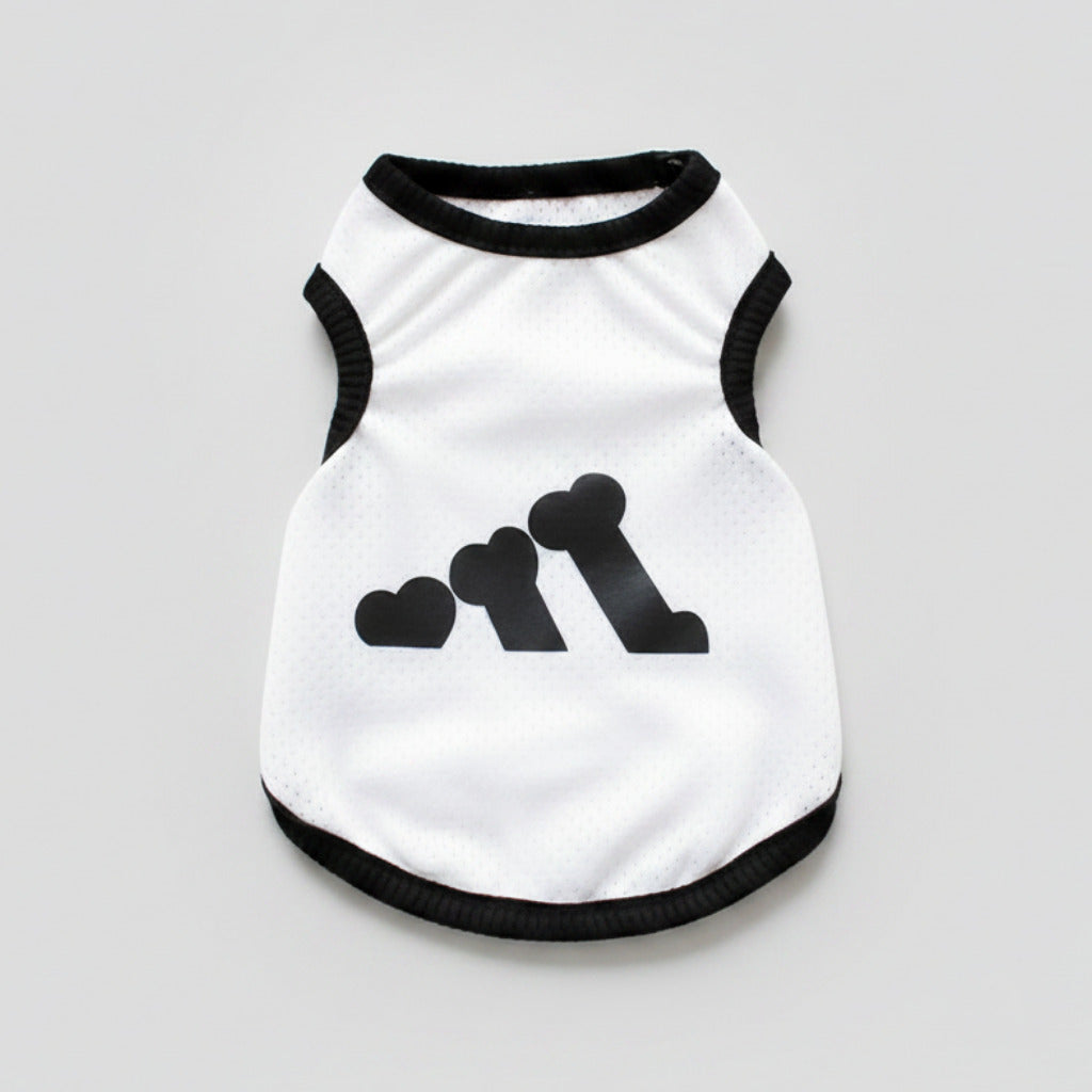 White dog polyester vest with bear bone print and black rib trim