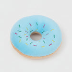 Blue plush donut dog toy with rainbow sprinkles and round center hole
